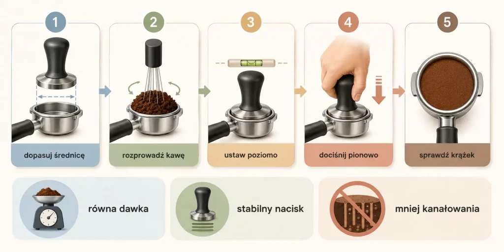 dobór średnicy, dystrybucja kawy, pionowe ustawienie, stabilny nacisk i kontrola krążka