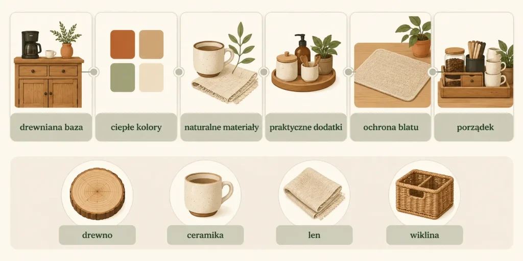 drewniana baza, ciepłe kolory, naturalne materiały, praktyczne dodatki, zabezpieczony blat i uporządkowane akcesoria