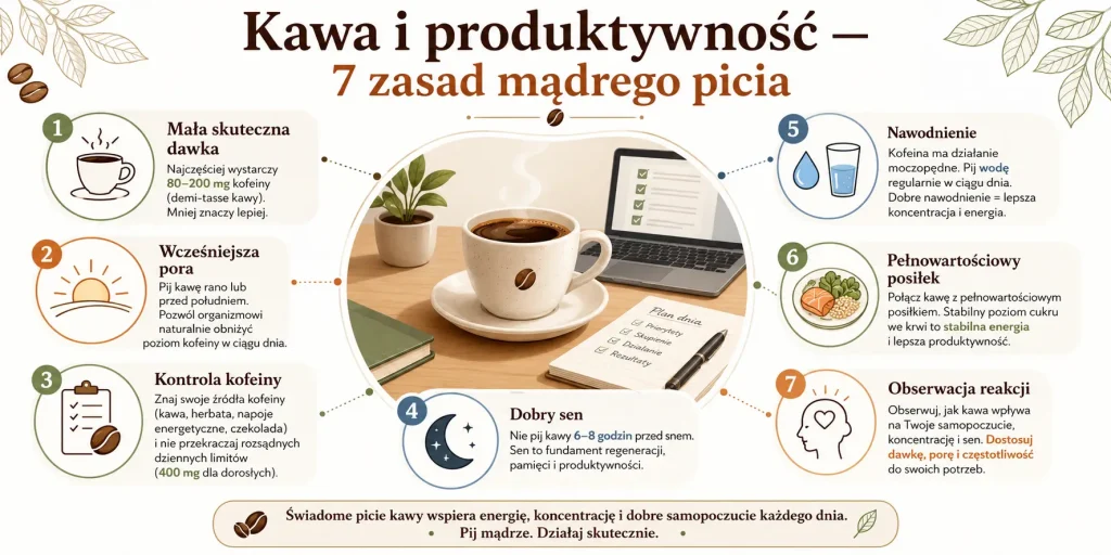mała skuteczna dawka, wcześniejsza pora, kontrola kofeiny, dobry sen, nawodnienie, pełnowartościowy posiłek i obserwacja własnej reakcji.