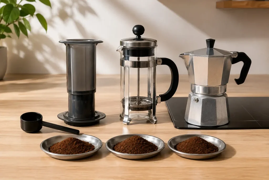 AeroPress, French press i kawiarka z osobno odmierzonymi porcjami kawy.