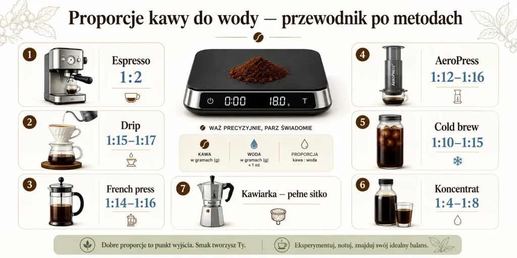 wybierz metodę, odmierz kawę, zważ wodę, ustaw przemiał, kontroluj czas, oceń smak, zapisz recepturę.