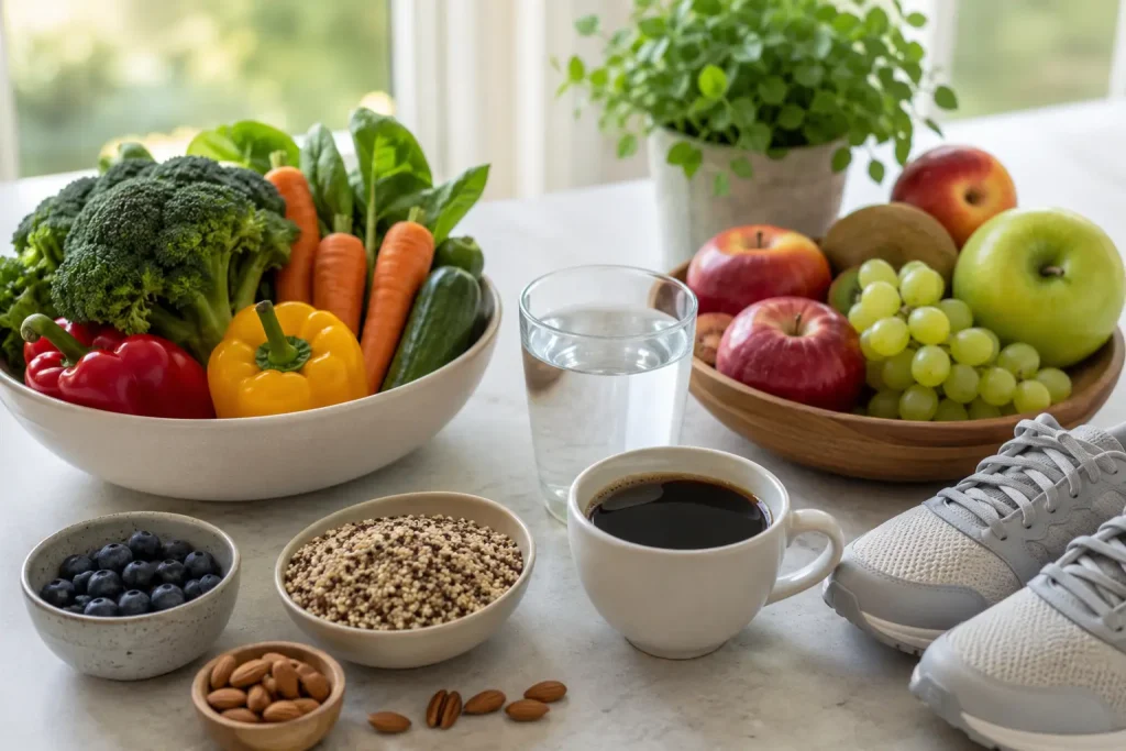 Filiżanka czarnej kawy obok lekkiego śniadania, wody i produktów tworzących zrównoważoną dietę.