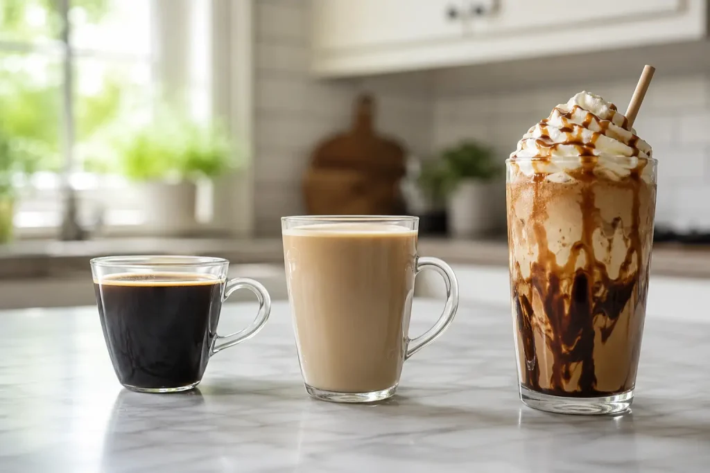  Małe espresso, klasyczna czarna kawa i duży słodki napój mleczny pokazane jako trzy różne porcje.