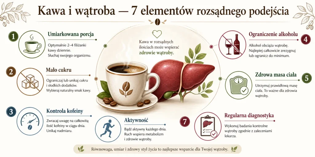 umiarkowana porcja, mało cukru, kontrola kofeiny, ograniczenie alkoholu, zdrowa masa ciała, aktywność oraz regularna diagnostyka.