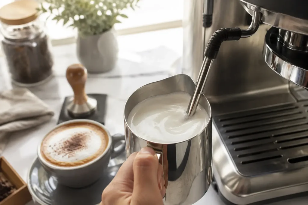 Dysza parowa spieniająca mleko w stalowym dzbanku oraz gotowe cappuccino z gładką mikropianką.