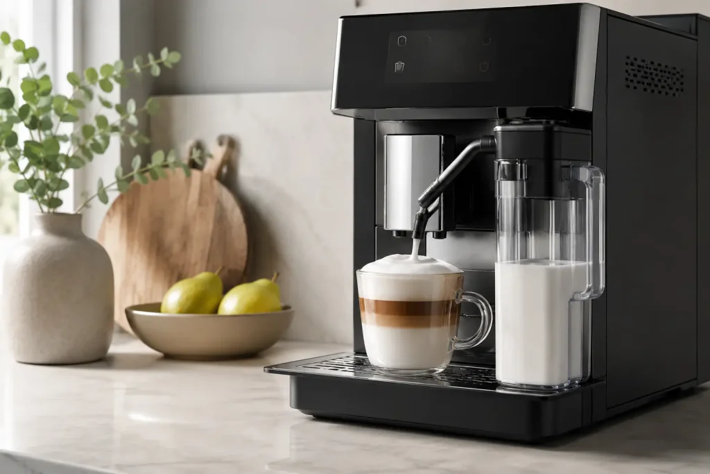 Automatyczna karafka podłączona do ekspresu podczas przygotowywania cappuccino jednym przyciskiem.