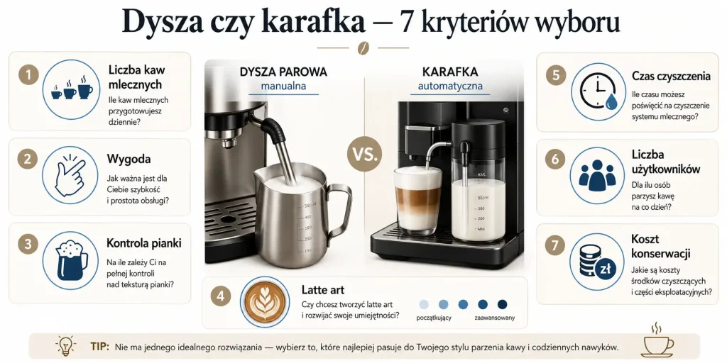 liczba kaw mlecznych, wygoda, kontrola pianki, latte art, czas czyszczenia, liczba użytkowników i koszt konserwacji.