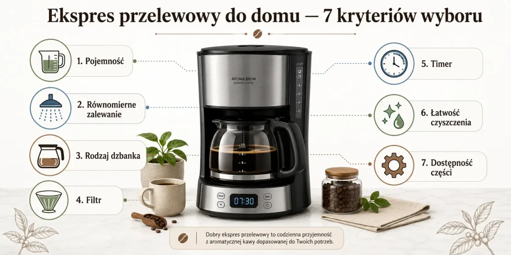  pojemność, równomierne zalewanie, dzbanek, filtr, timer, łatwość czyszczenia i dostępność części.