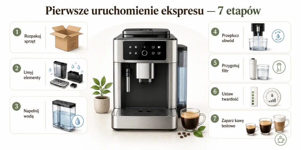 rozpakowanie, mycie części, napełnienie wodą, płukanie obwodu, konfiguracja filtra, ustawienie twardości i zaparzenie kaw testowych.