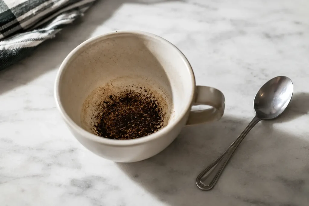 Widoczne drobne fusy i ciemny osad na dnie jasnej filiżanki espresso