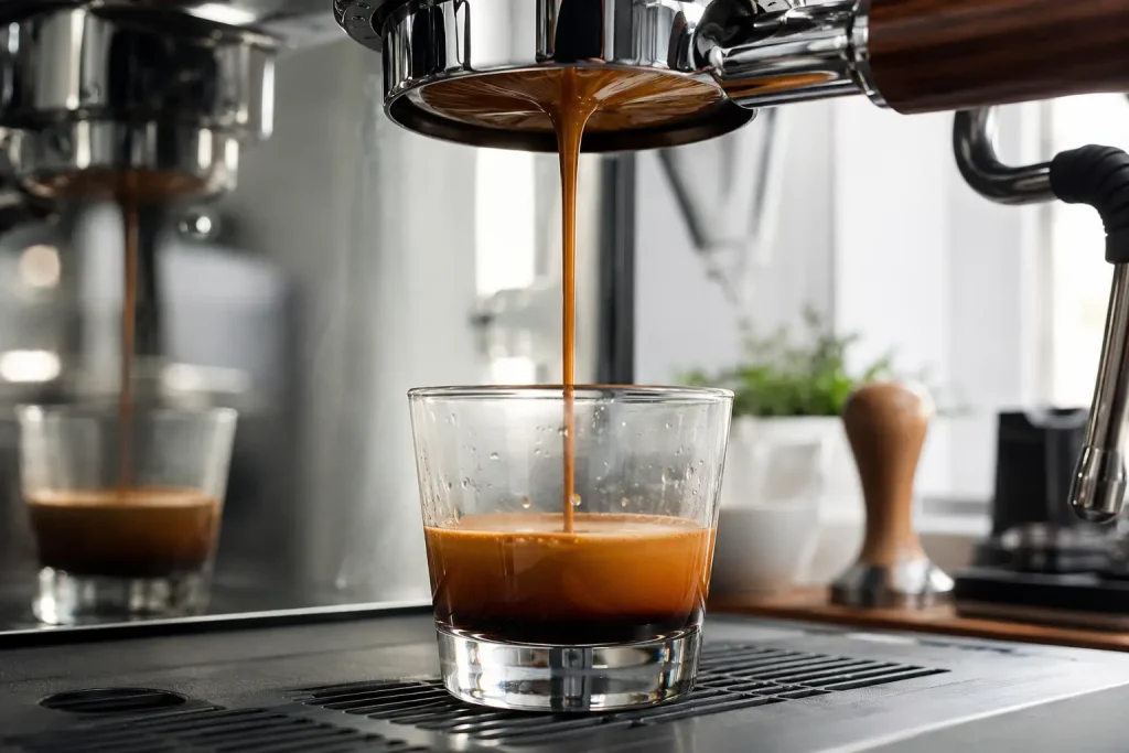 Równy, cienki strumień espresso wypływający z kolby bezdennej po zakończeniu preinfuzji