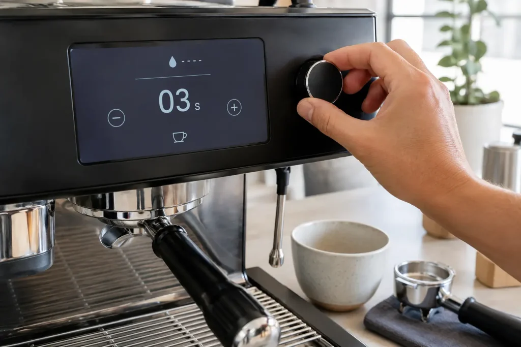 Wyświetlacz ekspresu kolbowego pokazujący ustawienia czasu preinfuzji przed parzeniem espresso
