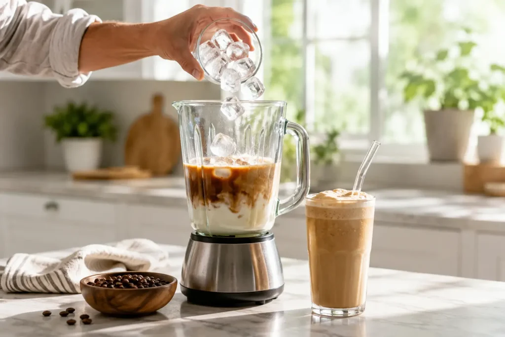 Przygotowywanie kremowego frappe z espresso, mleka i lodu