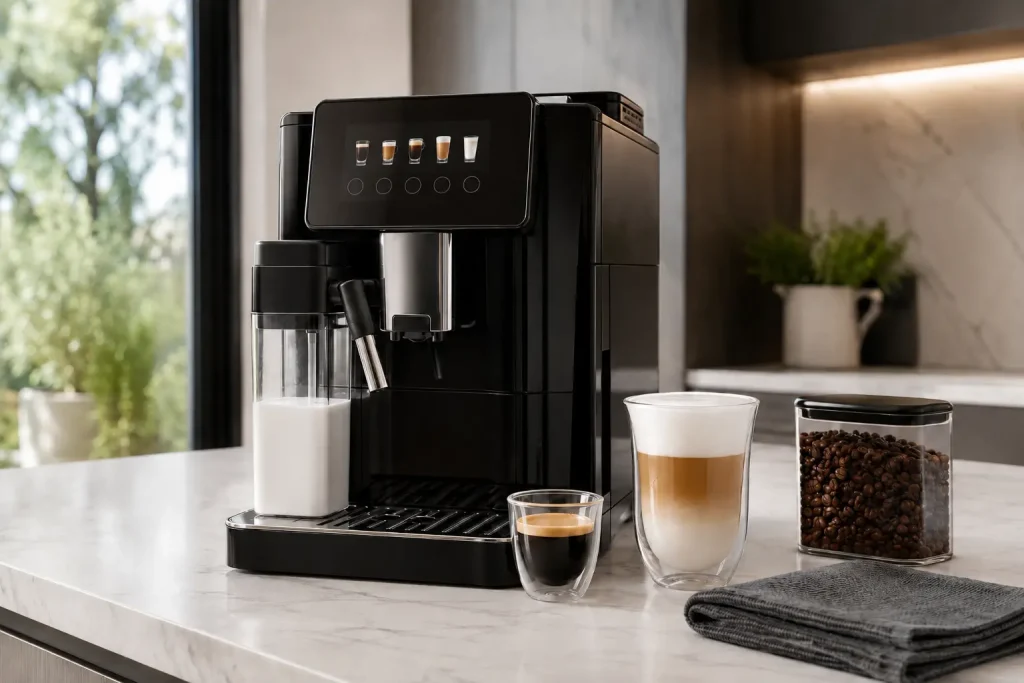 Automat inspirowany serią DeLonghi z karafką mleczną, espresso, cappuccino i kilkoma ustawieniami napojów