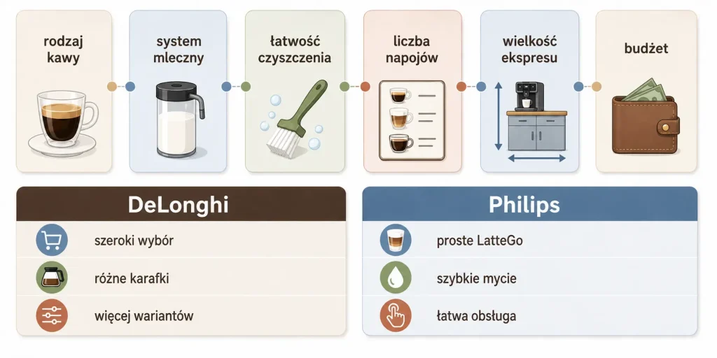 rodzaj kawy, system mleczny, czyszczenie, liczba napojów, wielkość urządzenia i budżet