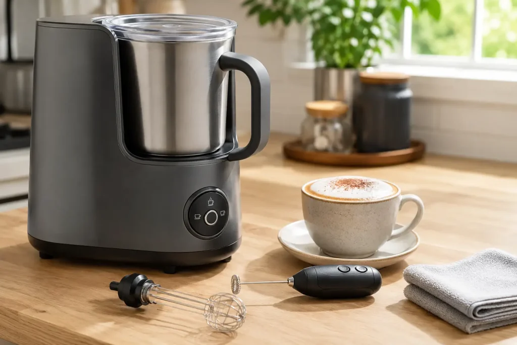 Automatyczny spieniacz, ręczna trzepaczka i cappuccino