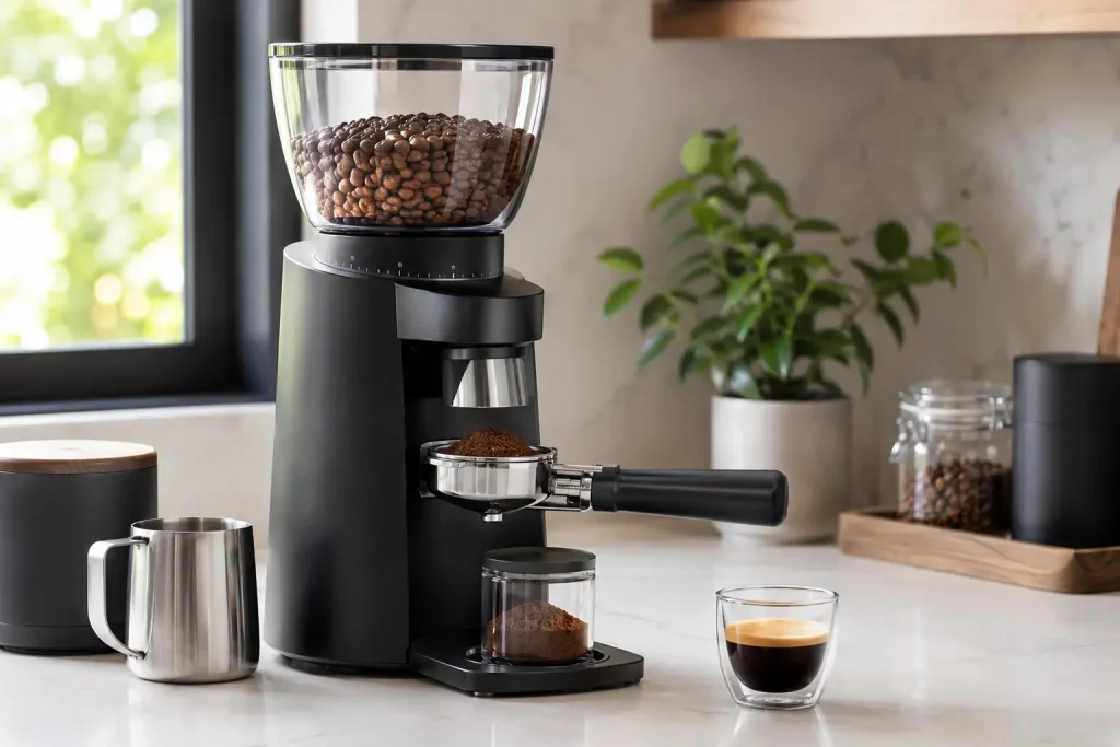 Elektryczny młynek żarnowy, świeże ziarna i filiżanka espresso