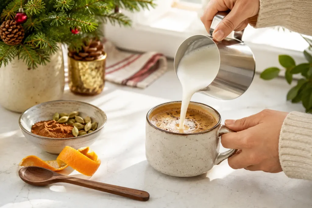 Przygotowanie korzennego cappuccino ze spienionym mlekiem