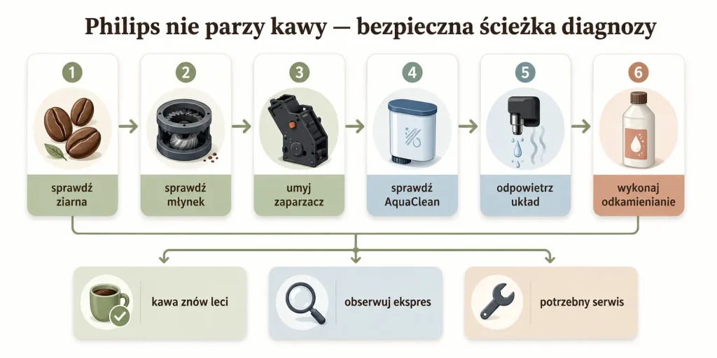 Philips nie parzy kawy — bezpieczna ścieżka diagnozy
