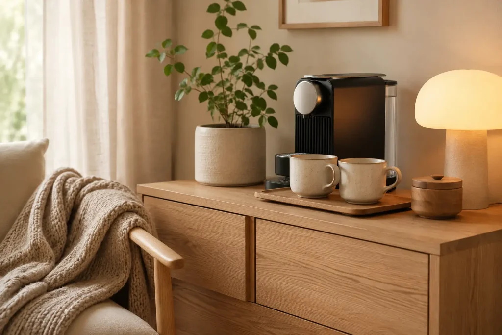Przytulna strefa kawowa hygge z drewnem, ceramiką i lampą