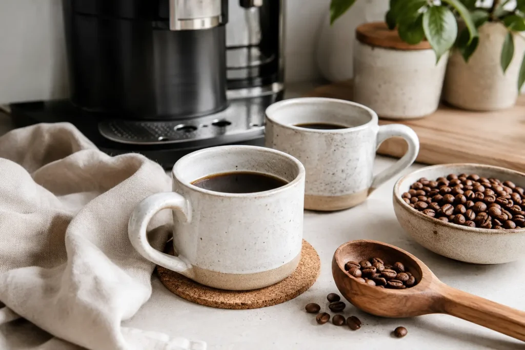 Ceramiczne kubki, lniane tkaniny i naturalne drewno