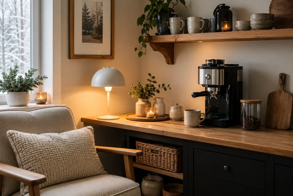 Uporządkowany kącik hygge z półką, lampą i miejscem do siedzenia