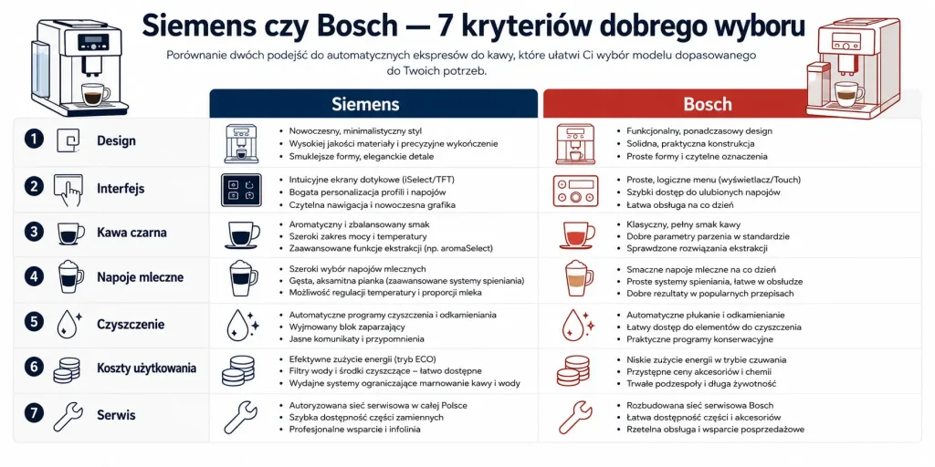 „Siemens czy Bosch — 7 kryteriów dobrego wyboru” — design, interfejs, kawa czarna, napoje mleczne, czyszczenie, koszty i serwis