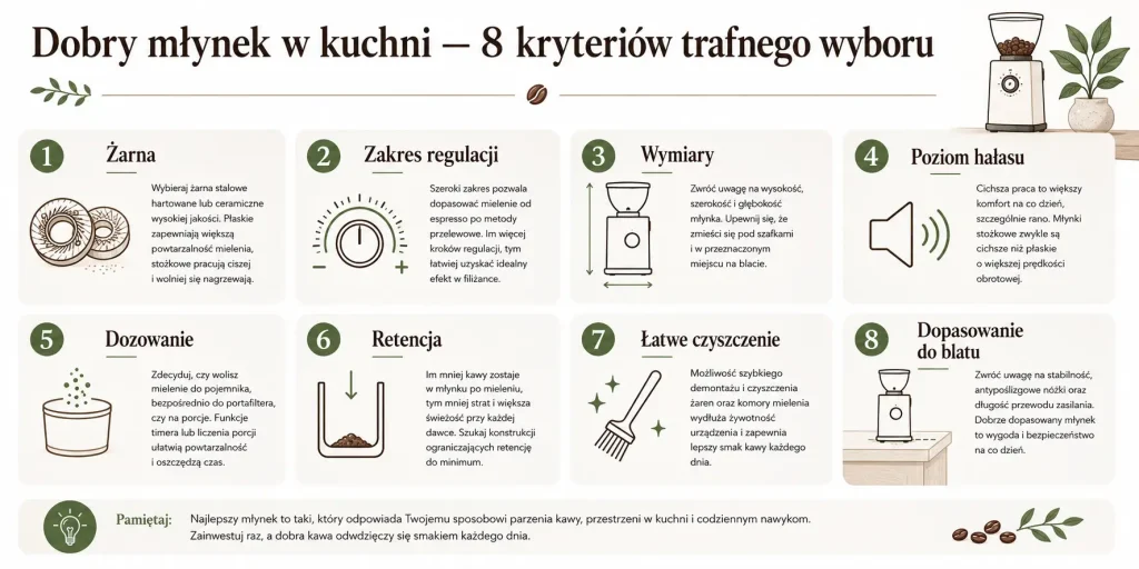„Dobry młynek w kuchni — 8 kryteriów trafnego wyboru” — żarna, regulacja, wymiary, hałas, dozowanie, retencja, czyszczenie i dopasowanie do blatu