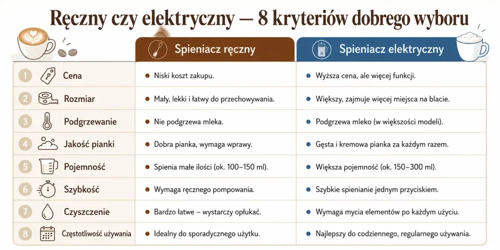 „Ręczny czy elektryczny — 8 kryteriów dobrego wyboru” — cena, rozmiar, podgrzewanie, jakość pianki, pojemność, szybkość, czyszczenie i częstotliwość używania