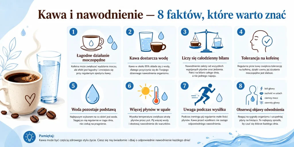 „Kawa i nawodnienie — 8 faktów, które warto znać” — działanie moczopędne, bilans płynów, przyzwyczajenie do kofeiny, woda, upał, wysiłek, objawy odwodnienia i umiar