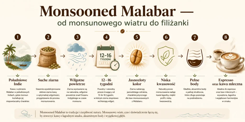 Monsooned Malabar — od monsunowego wiatru do filiżanki” — pochodzenie, suche ziarna, wilgotne powietrze, 12–16 tygodni obróbki, zmiana koloru, niska kwasowość, pełne body i polecane metody parzenia