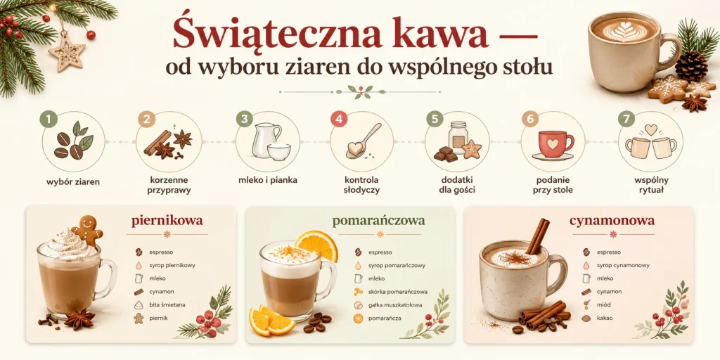 „Świąteczna kawa — od wyboru ziaren do wspólnego stołu” — wybór ziaren, przyprawy korzenne, mleko i pianka, kontrola słodyczy, dodatki dla gości, podanie przy stole oraz trzy warianty: piernikowy, pomarańczowy i cynamonowy