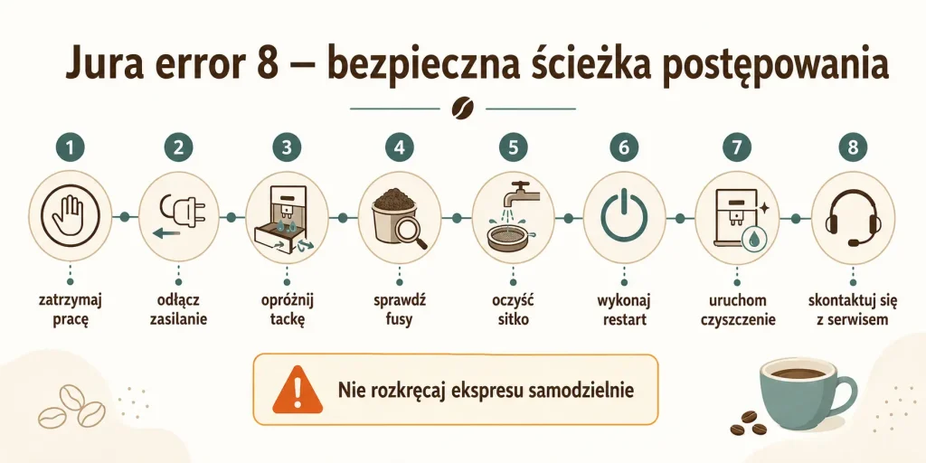 „Jura error 8 — bezpieczna ścieżka postępowania” — zatrzymanie pracy, odłączenie zasilania, opróżnienie tacki, kontrola fusów, czyszczenie sitka, restart, program tabletkowy i serwis