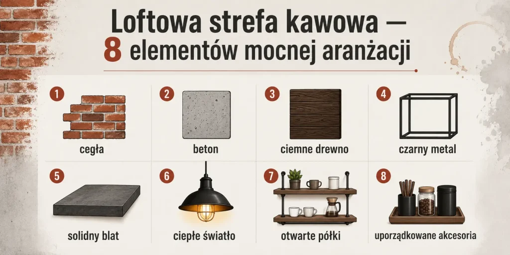 „Loftowa strefa kawowa — 8 elementów mocnej aranżacji” — cegła, beton, ciemne drewno, czarny metal, solidny blat, ciepłe światło, otwarte półki i uporządkowane akcesoria