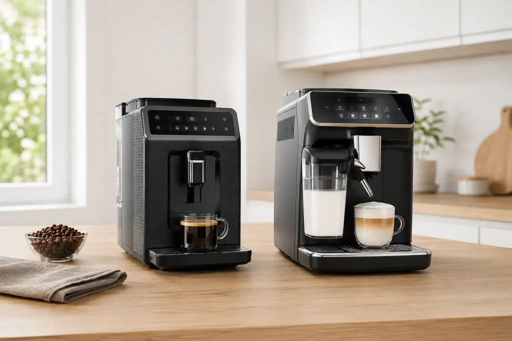 dwa automatyczne ekspresy Krups i DeLonghi ustawione obok siebie