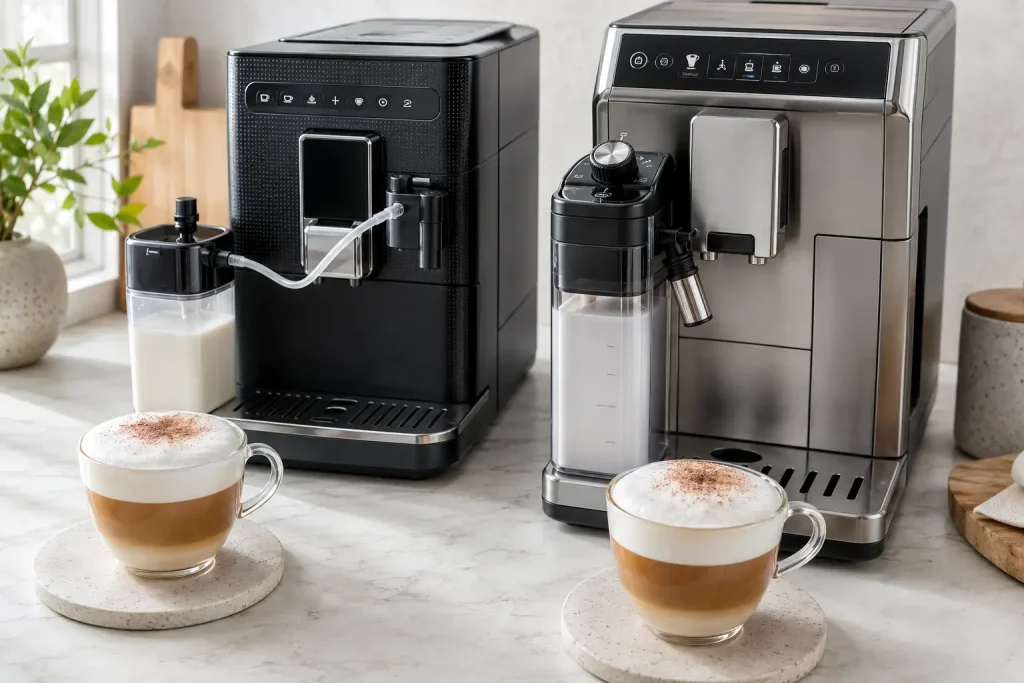 automatyczne systemy mleczne Krups i DeLonghi oraz dwie kawy cappuccino