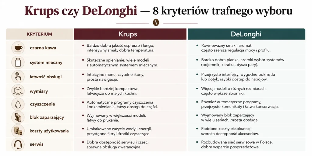„Krups czy DeLonghi — 8 kryteriów trafnego wyboru” — czarna kawa, system mleczny, obsługa, wymiary, czyszczenie, zaparzacz, koszty i serwis