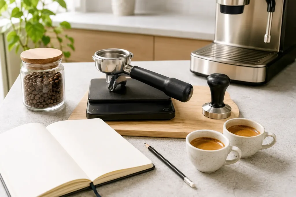 testowanie dwóch receptur espresso przy użyciu wagi i notatnika
