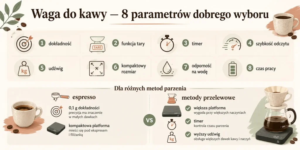 „Waga do kawy — 8 parametrów dobrego wyboru” — dokładność, tara, timer, szybkość odczytu, udźwig, rozmiar, odporność na wodę i czas pracy