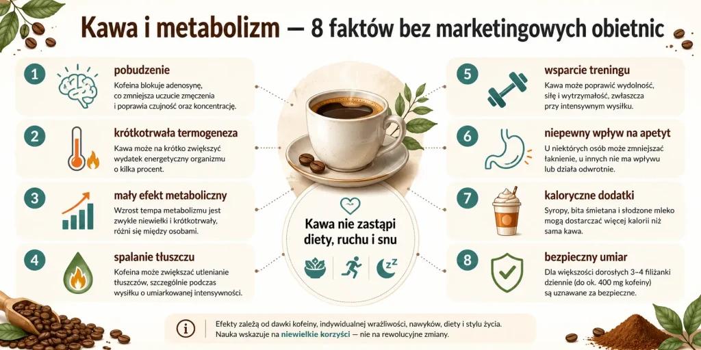 „Kawa i metabolizm — 8 faktów bez marketingowych obietnic” — pobudzenie, termogeneza, mały efekt metaboliczny, spalanie tłuszczu, trening, apetyt, kaloryczne dodatki i bezpieczny umiar