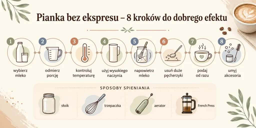 „Pianka bez ekspresu — 8 kroków do dobrego efektu” — wybór mleka, właściwa porcja, odpowiednia temperatura, wysokie naczynie, napowietrzanie, kontrola pęcherzyków, szybkie podanie i natychmiastowe czyszczenie