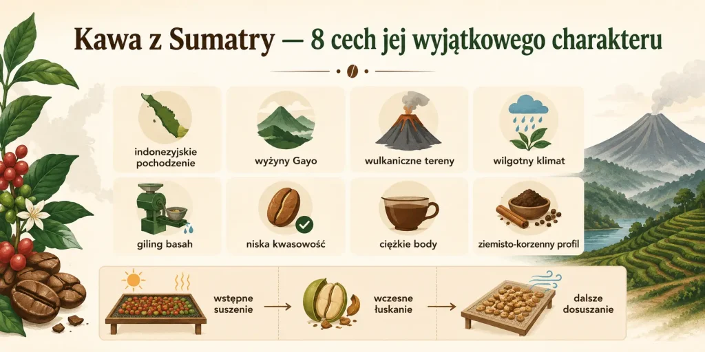  „Kawa z Sumatry — 8 cech jej wyjątkowego charakteru” — indonezyjskie pochodzenie, wyżyny Gayo, wulkaniczne tereny, wilgotny klimat, giling basah, niska kwasowość, ciężkie body oraz ziemisto-korzenny profil