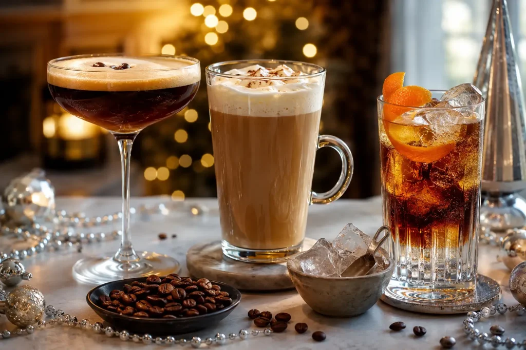 sylwestrowe kawowe drinki, espresso, lód i eleganckie dodatki