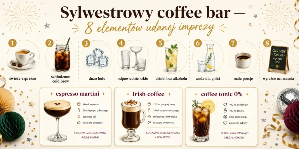 „Sylwestrowy coffee bar — 8 elementów udanej imprezy” — świeże espresso, cold brew, lód, odpowiednie szkło, drinki 0%, woda, małe porcje i wyraźne oznaczenia