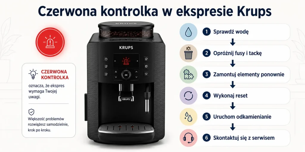 Czerwona kontrolka w ekspresie Krups: schemat diagnostyki od sprawdzenia wody i pojemników, przez reset i odkamienianie, aż do decyzji o kontakcie z serwisem.
