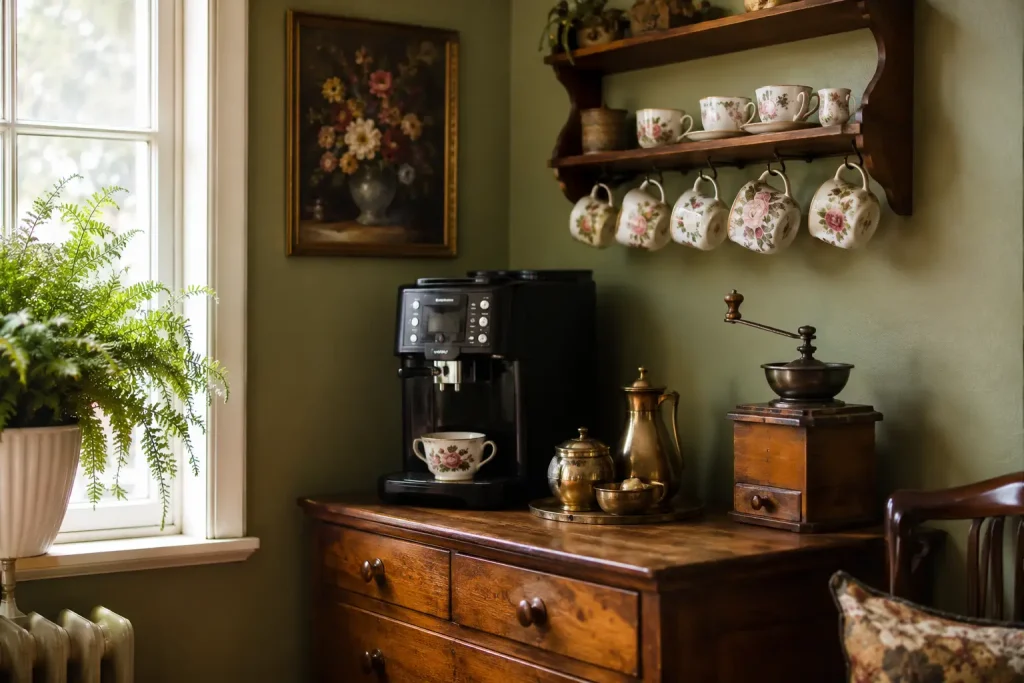 Kącik kawowy z odnowioną drewnianą komodą, czarnym ekspresem, porcelanowymi filiżankami i starym młynkiem.