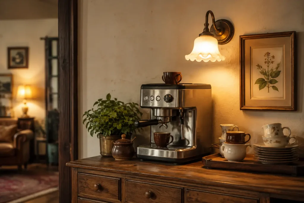 Strefa kawowa vintage oświetlona ciepłym kinkietem z mlecznym kloszem, z komodą, ekspresem i porcelaną.
