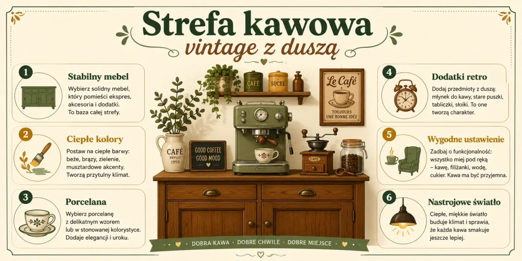 Strefa kawowa vintage: sześć elementów udanej aranżacji — stabilny mebel, ciepła paleta, porcelana, retro dodatki, funkcjonalne ustawienie i nastrojowe oświetlenie.