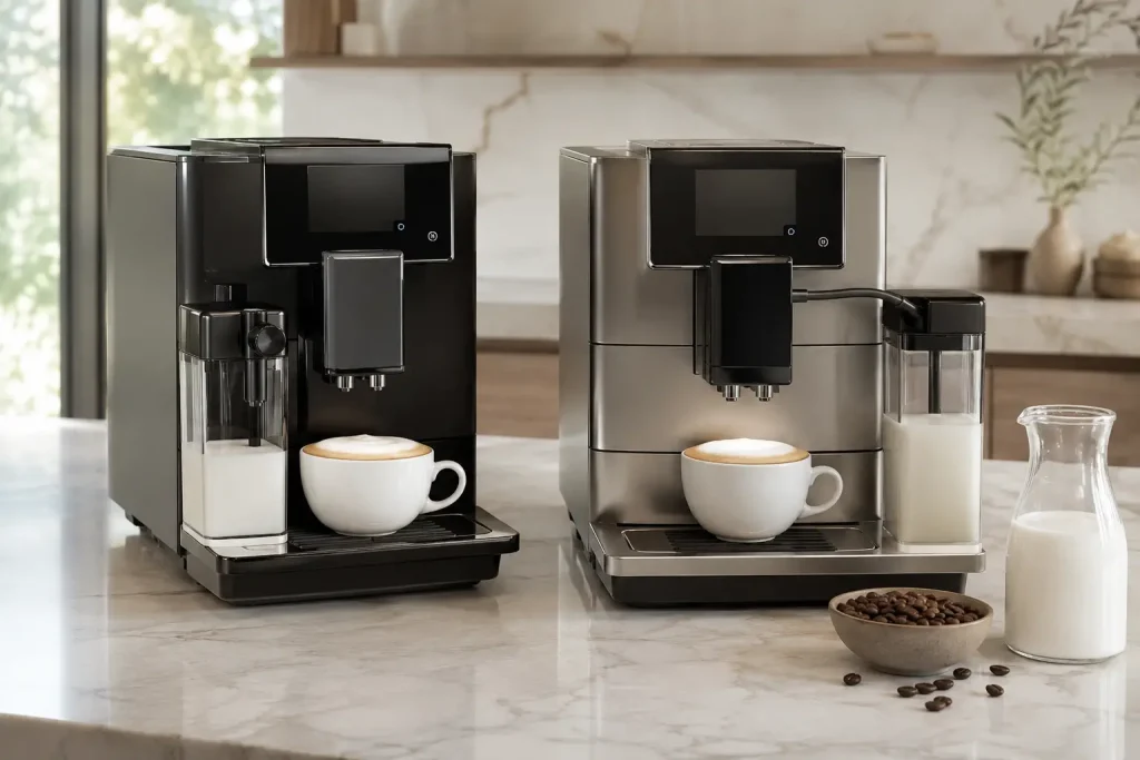 Dwa ekspresy przygotowujące cappuccino z wyraźnie widoczną kremową pianką mleczną.