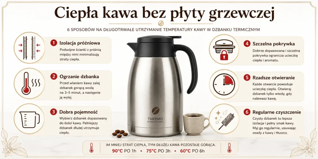 izolacja próżniowa, wstępne ogrzanie dzbanka, szczelna pokrywka, właściwa pojemność, rzadsze otwieranie i regularne czyszczenie.